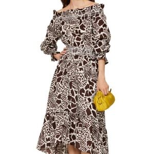 ADAM LIPPES Off-Shoulder Printed Smocked Midi Dress | Size 0